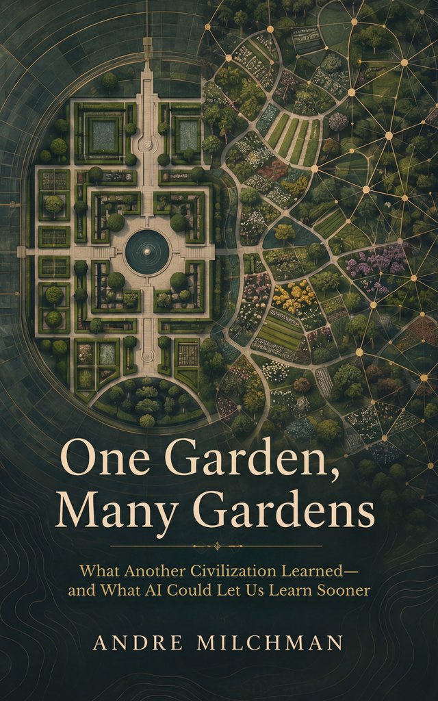 Front cover of One Garden, Many Gardens: What Another Civilization Learned—and What AI Could Let Us Learn Sooner, by Andre Milchman.