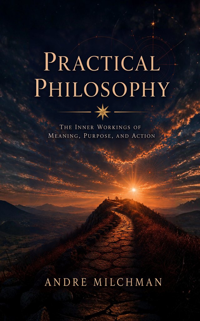 Front cover of Practical Philosophy: The Inner Workings of Meaning, Purpose, and Action, by Andre Milchman. The title is set in a light serif above a stone path climbing toward a sunrise between mountains, under dark clouds threaded with faint constellation lines.