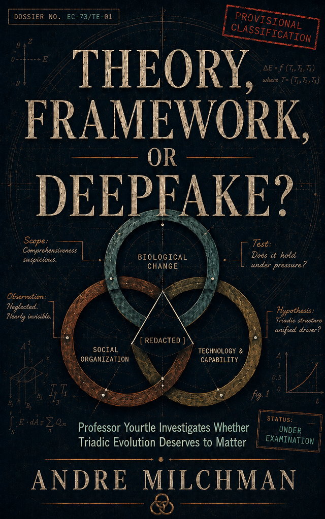 Front cover of Theory, Framework, or Deepfake? by Andre Milchman: an archival dossier design with the title set over a three-ring diagram, handwritten marginalia, and a redacted disposition block.